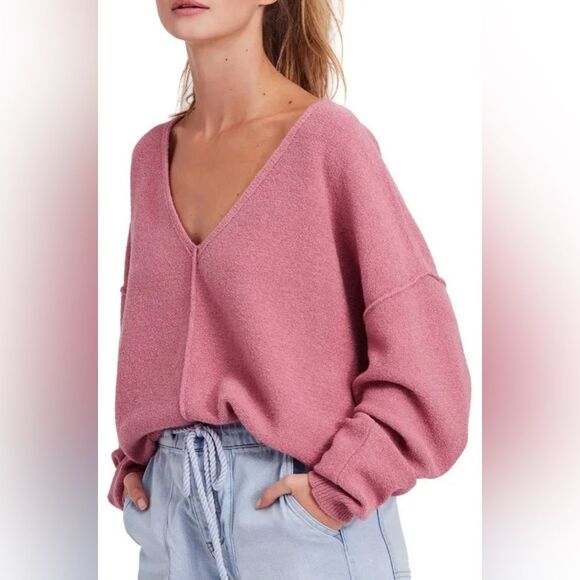 Free People Womens Size Small Oversized Rose Pink Take Me Places V Neck Sweater - Picture 4 of 12